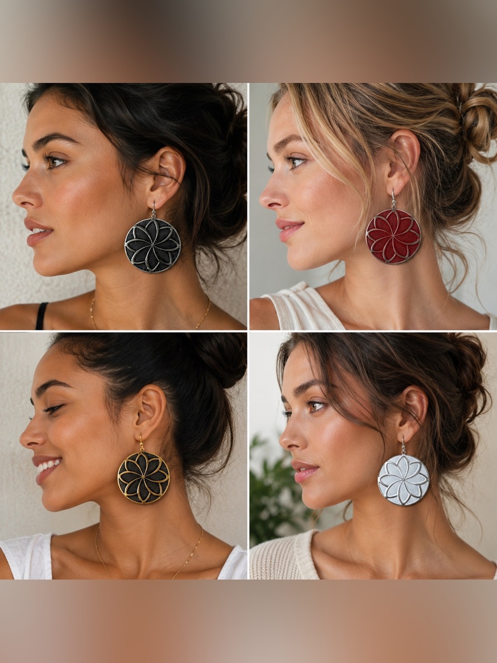 4 pairs of marysol floral disk plate earrings